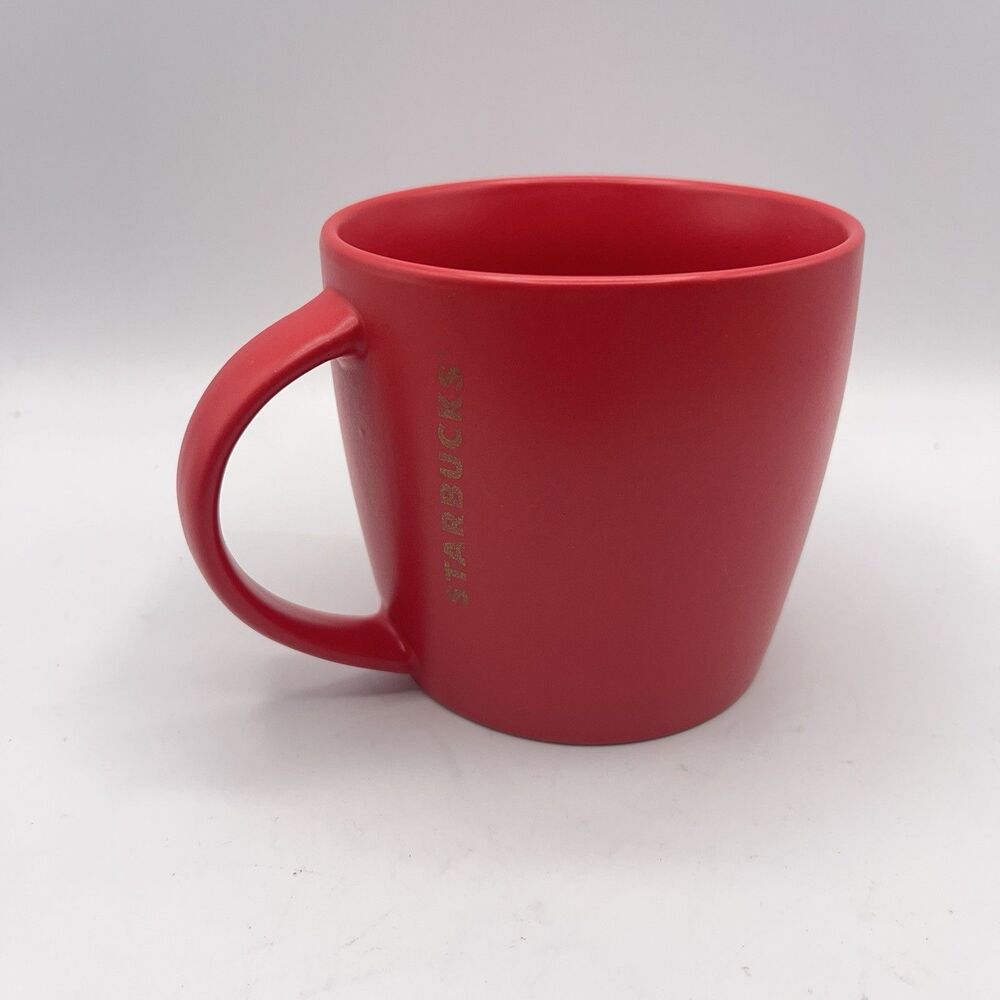 2016 Starbucks Red 14 fl oz Matte Coffee Mug Gold Lettered Logo On Side of Cup